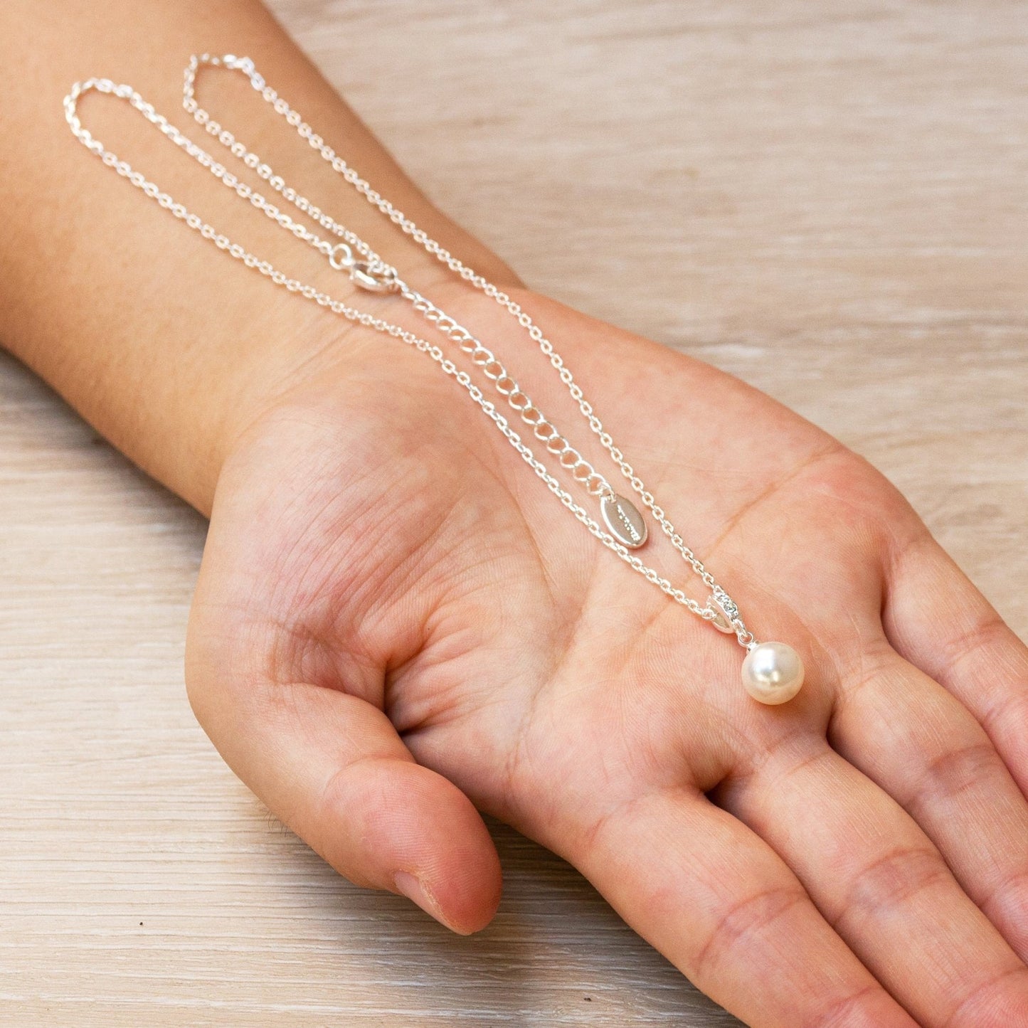 Silver Plated Pearl Drop Necklace Created with Zircondia® Crystals