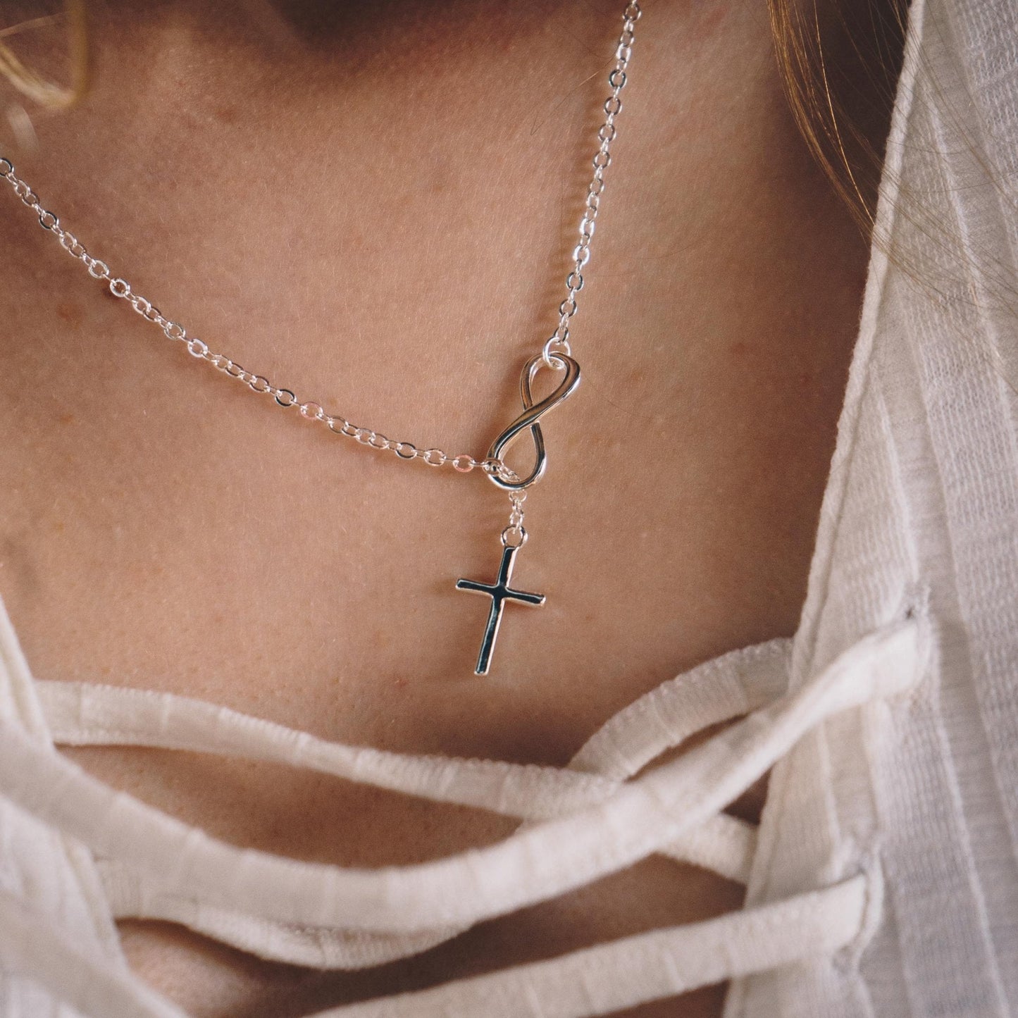 Silver Plated Infinity with Cross Lariat Necklace