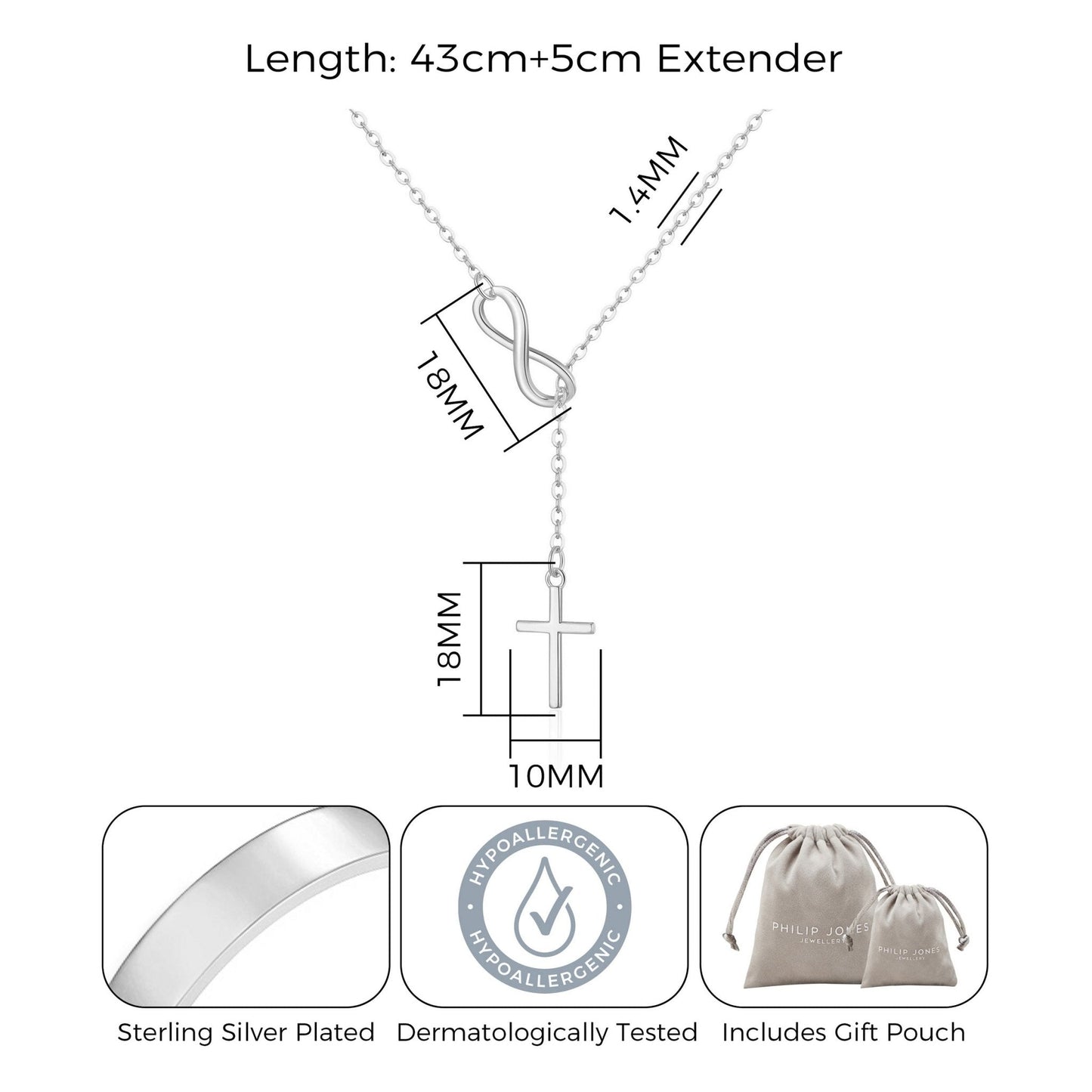 Collier lariat infini avec croix plaqué argent