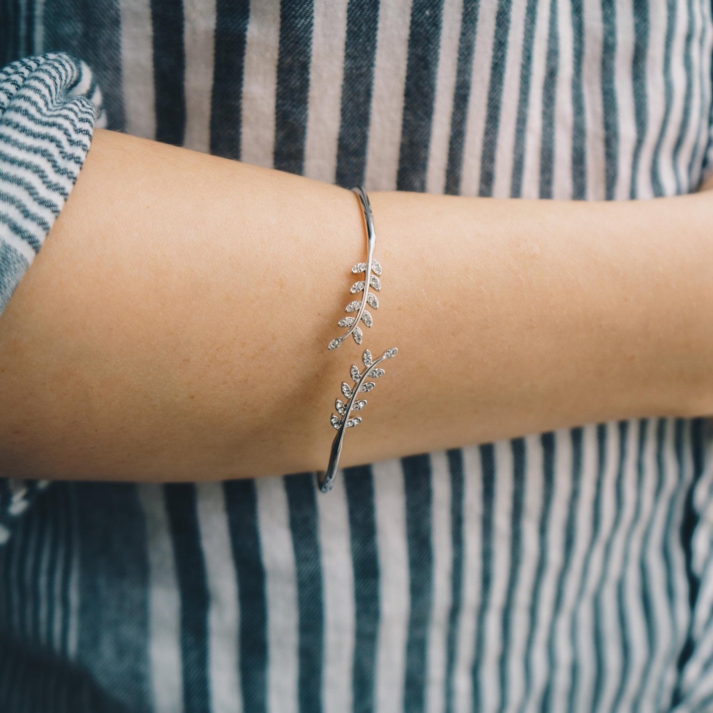 Silver Plated Leaf Bangle Created with Zircondia® Crystals