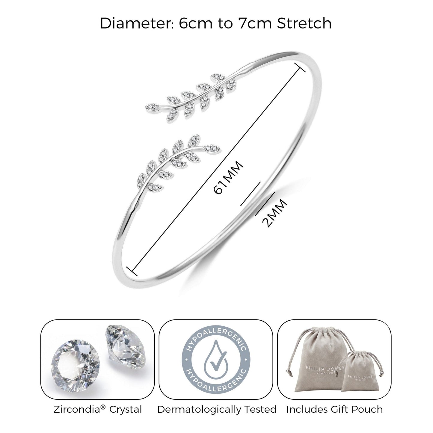 Silver Plated Leaf Bangle Created with Zircondia® Crystals