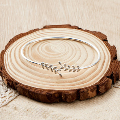 Silver Plated Leaf Bangle Created with Zircondia® Crystals