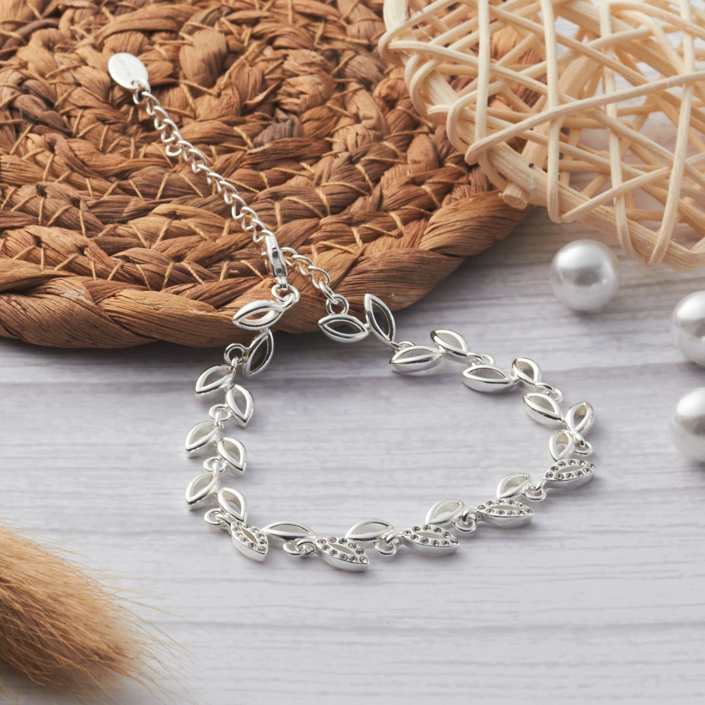 Silver Plated Leaf Bracelet Created With Crystals From Zircondia®