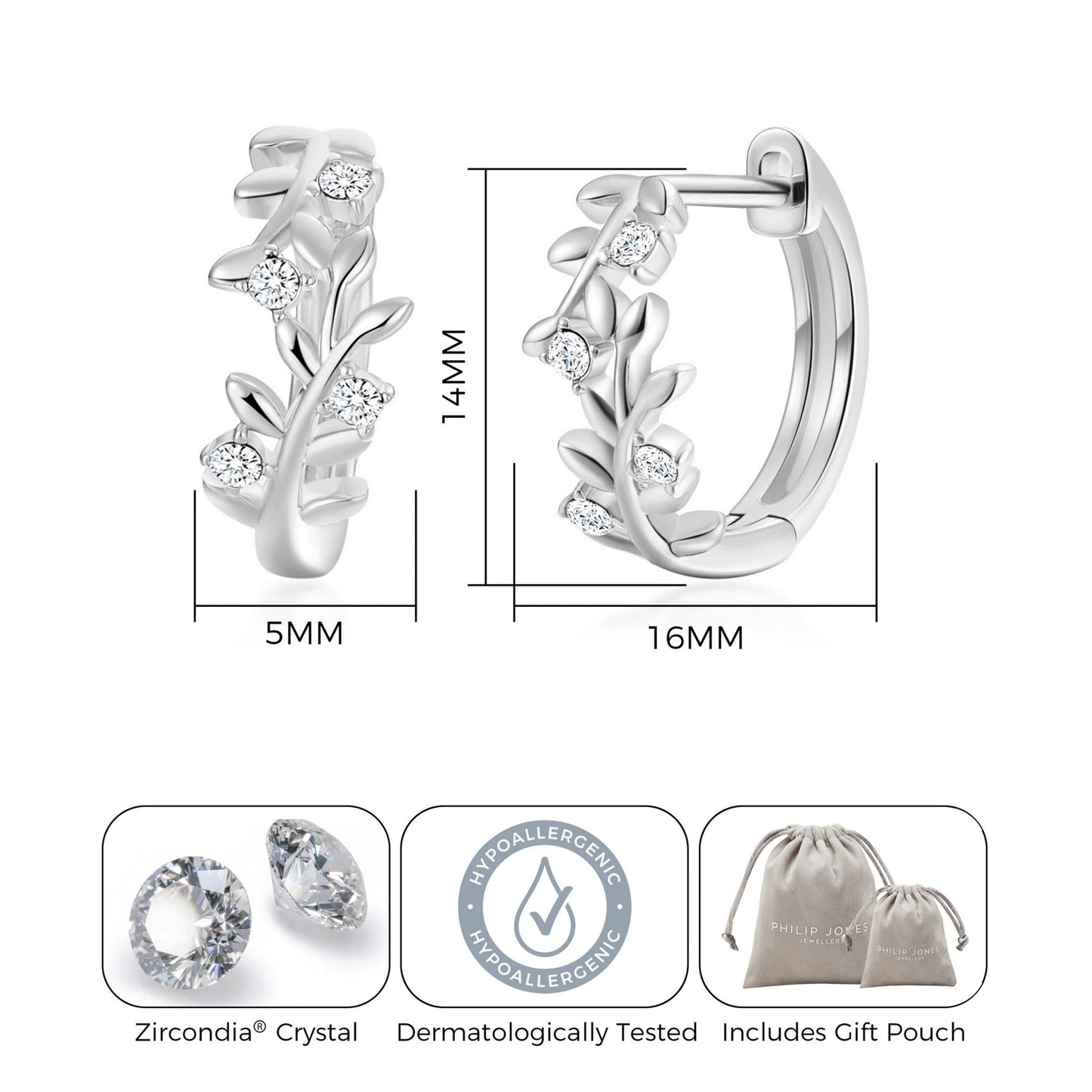 Silver Plated Leaf Hoop Earrings Created with Zircondia® Crystals