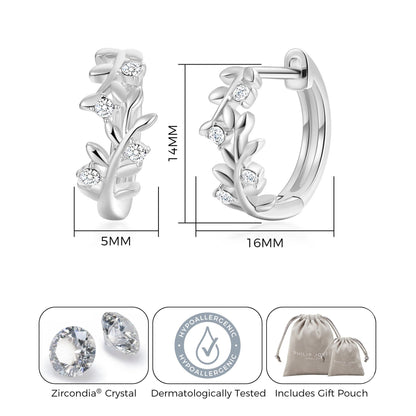 Silver Plated Leaf Hoop Earrings Created with Zircondia® Crystals