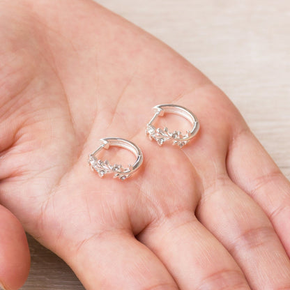 Silver Plated Leaf Hoop Earrings Created with Zircondia® Crystals