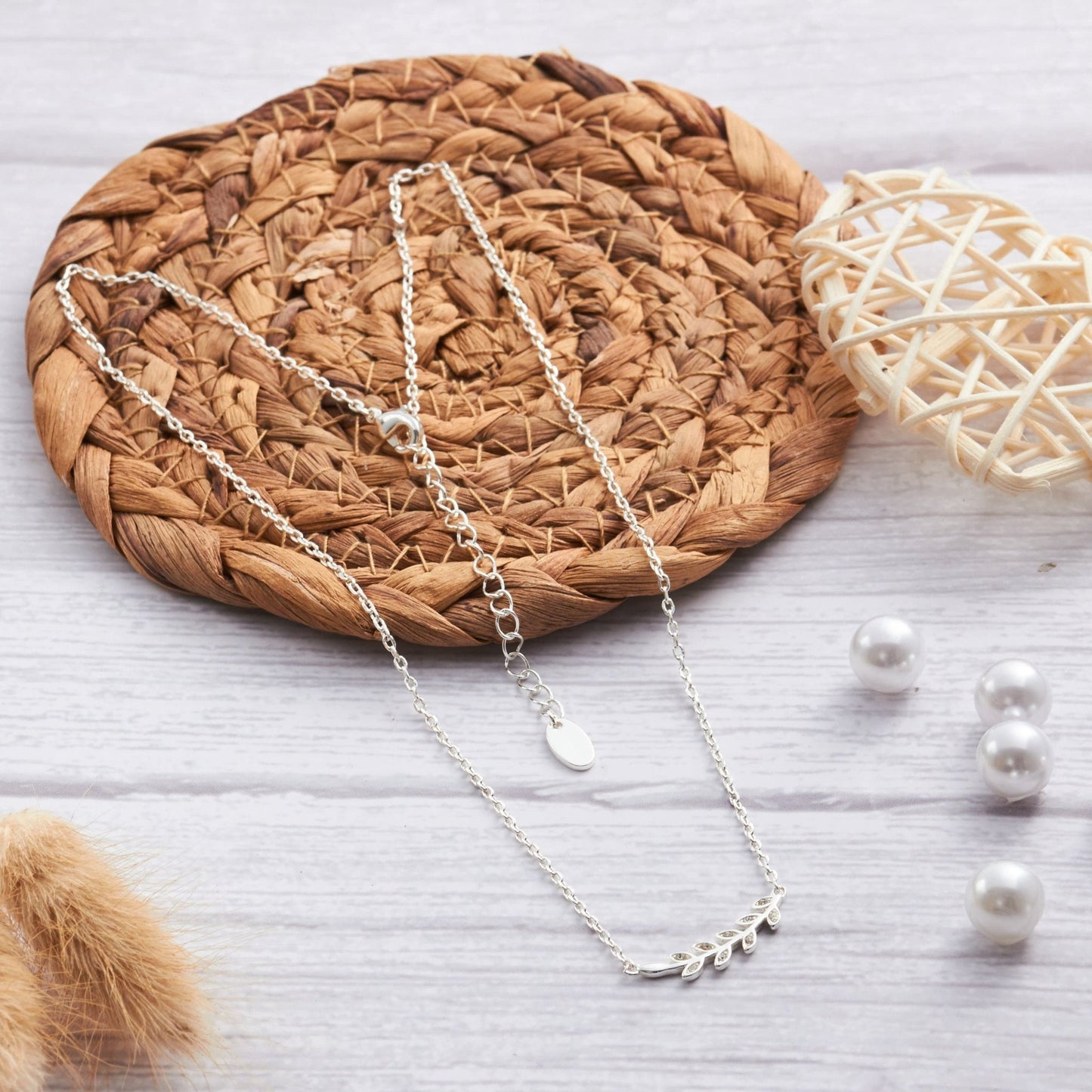 Silver Plated Leaf Necklace Created with Zircondia® Crystals