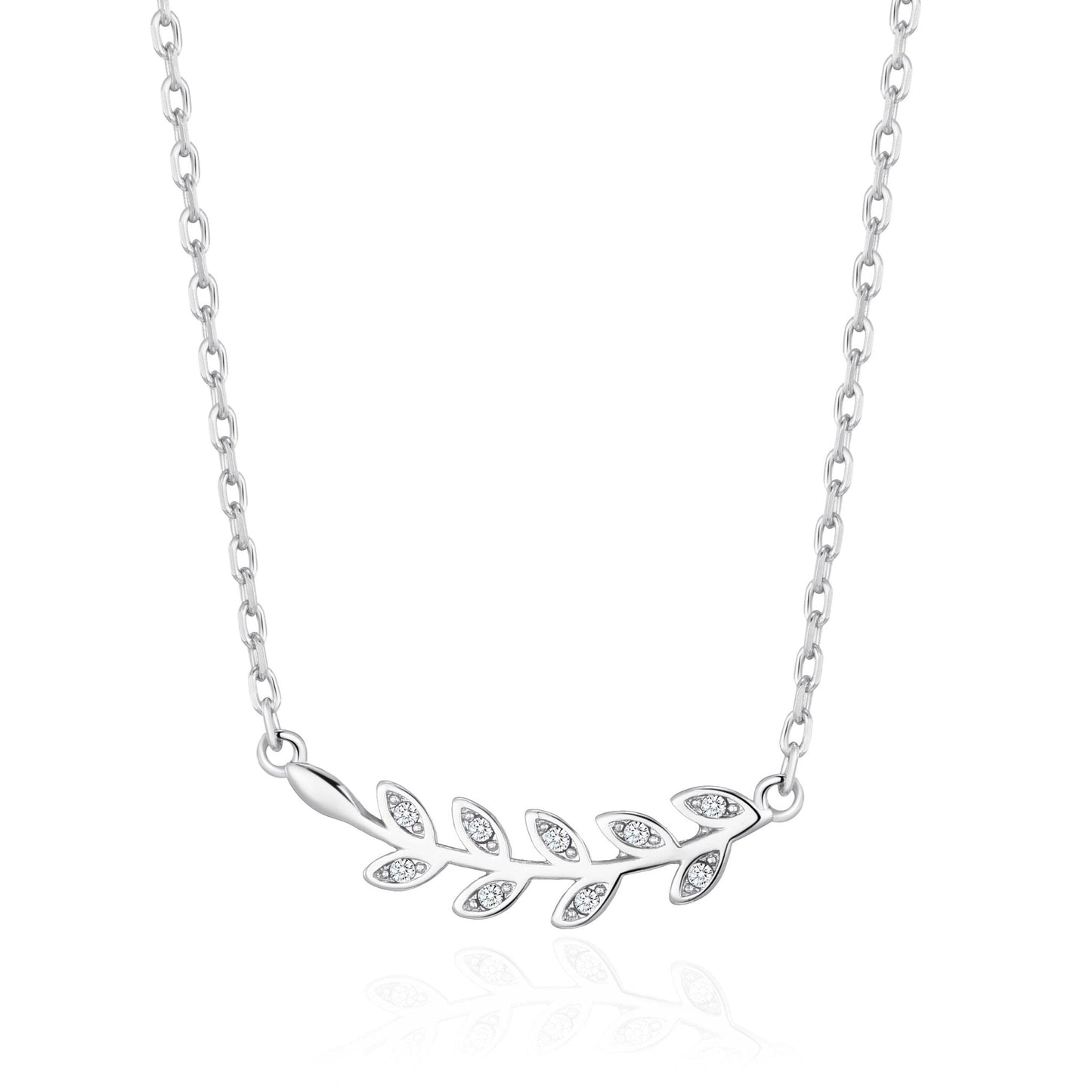 Silver Plated Leaf Necklace Created with Zircondia® Crystals