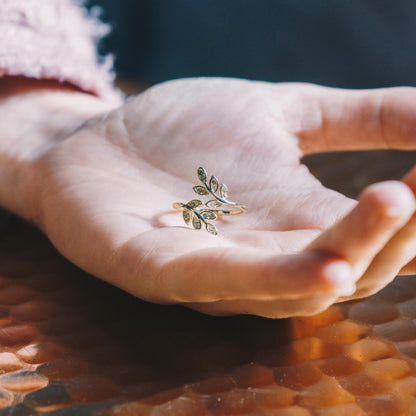 Silver Plated Leaf Ring Created with Zircondia® Crystals