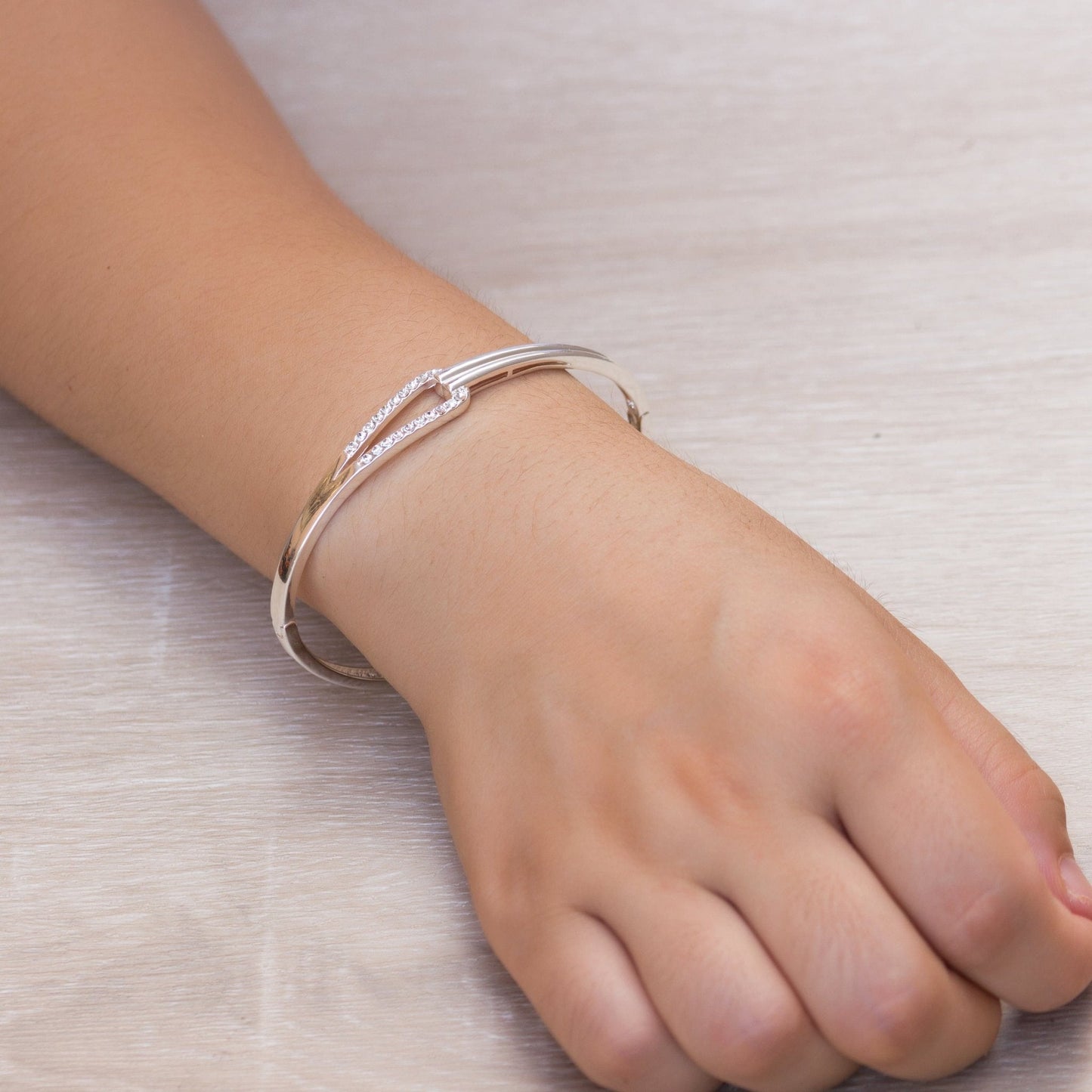 Silver Plated Link Bangle Created with Zircondia® Crystals (7 Inch)