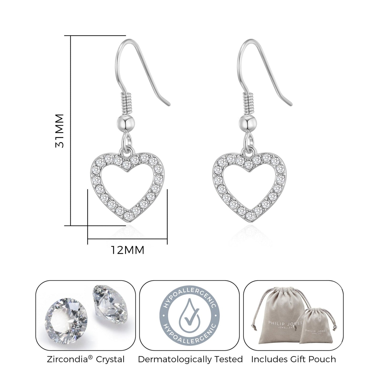 Silver Plated Open Heart Drop Earrings Created with Zircondia® Crystals