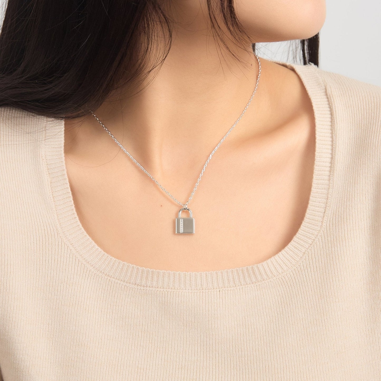 Silver Plated Padlock Necklace Created with Zircondia® Crystals