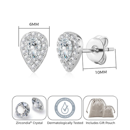 Silver Plated Pear Halo Earrings Created with Zircondia® Crystals