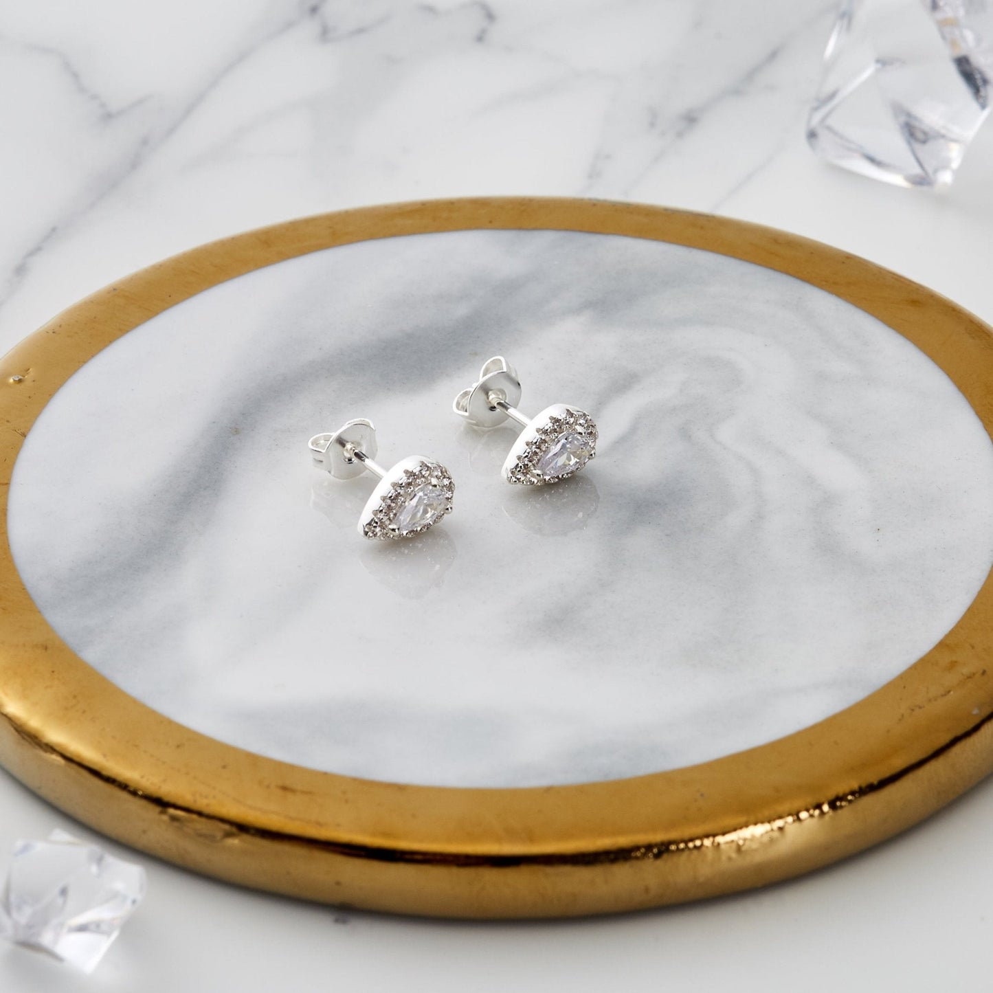 Silver Plated Pear Halo Earrings Created with Zircondia® Crystals