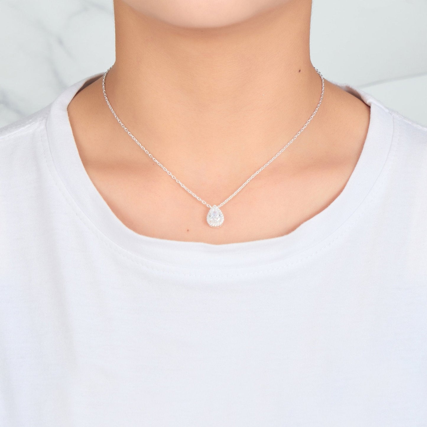 Silver Plated Pear Halo Necklace Created with Zircondia® Crystals