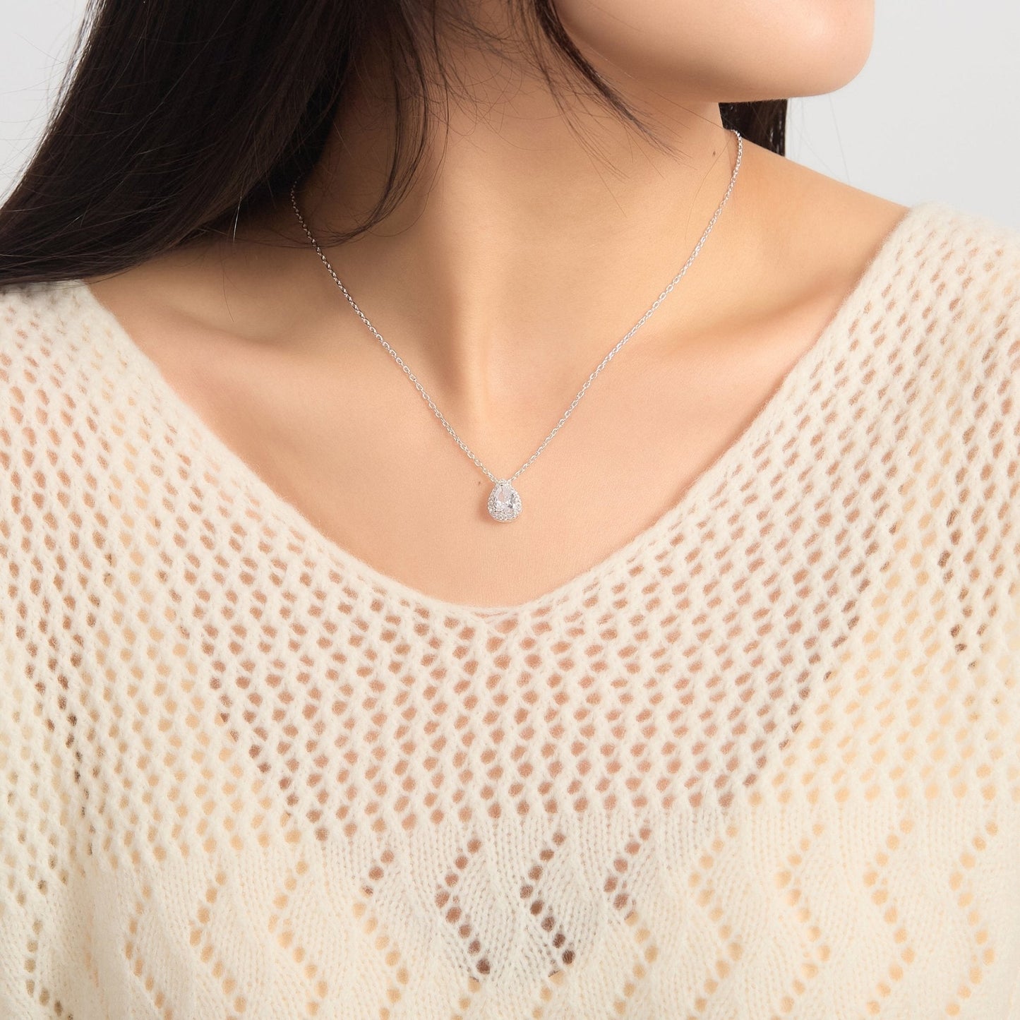 Silver Plated Pear Halo Necklace Created with Zircondia® Crystals