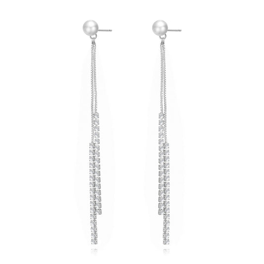Silver Plated Pearl Dangle Earrings Created with Zircondia® Crystals