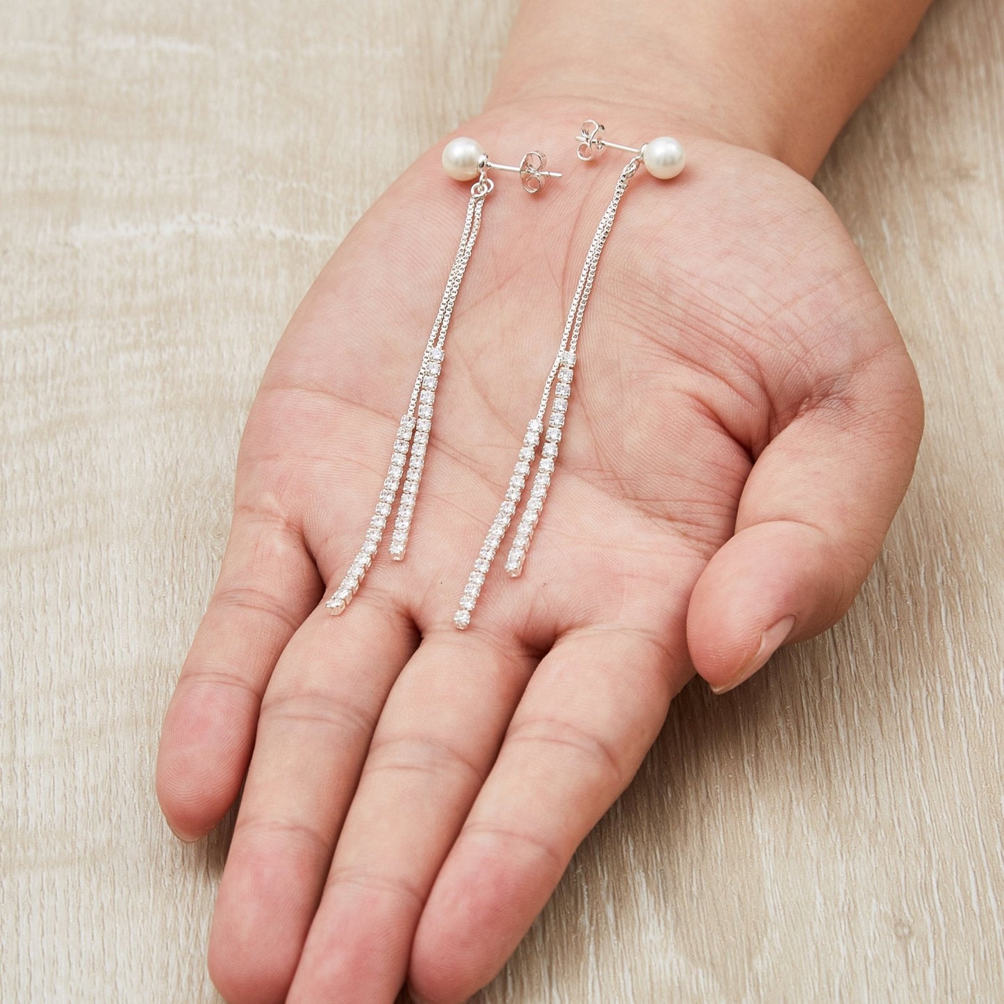 Silver Plated Pearl Dangle Earrings Created with Zircondia® Crystals