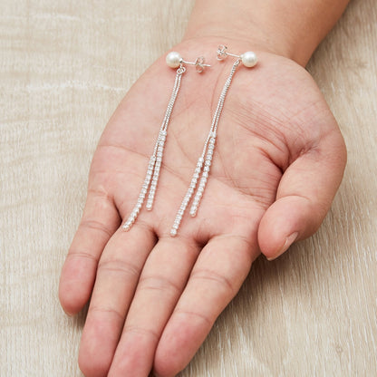 Silver Plated Pearl Dangle Earrings Created with Zircondia® Crystals