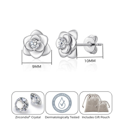 Silver Plated Rose Earrings Created with Zircondia® Crystals