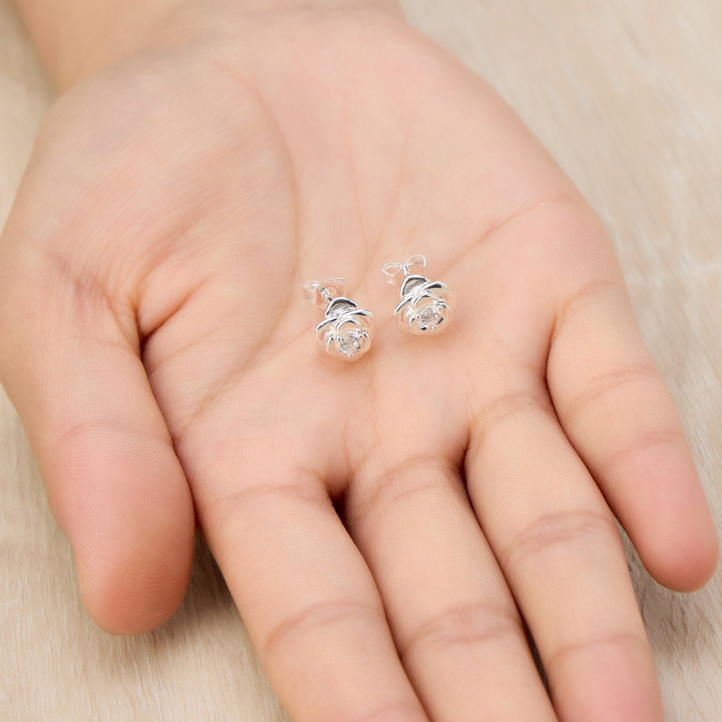 Silver Plated Rose Earrings Created with Zircondia® Crystals