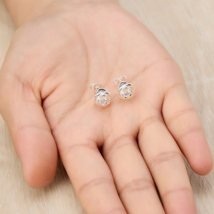 Silver Plated Rose Earrings Created with Zircondia® Crystals