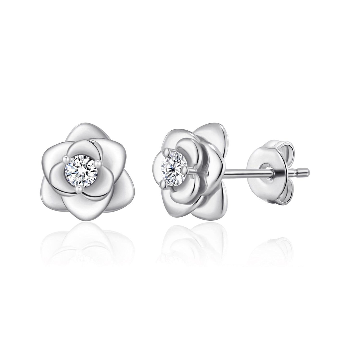 Silver Plated Rose Earrings Created with Zircondia® Crystals