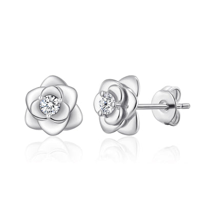 Silver Plated Rose Earrings Created with Zircondia® Crystals