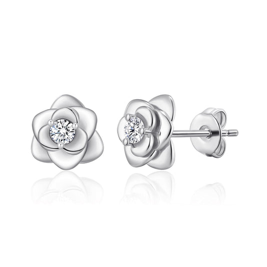Silver Plated Rose Earrings Created with Zircondia® Crystals