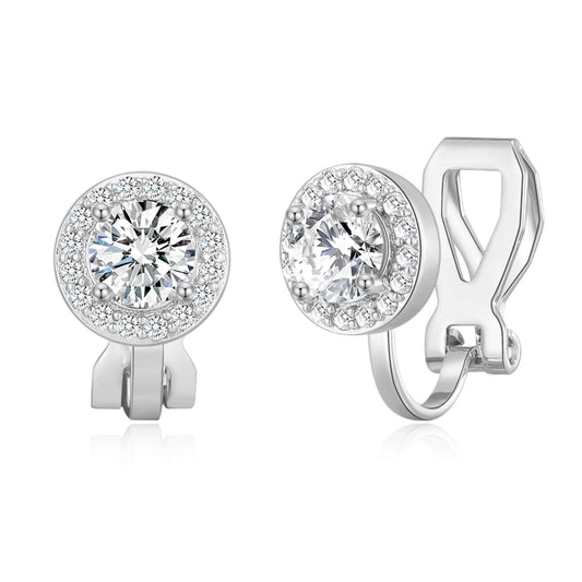 Silver Plated Round Halo Clip On Earrings Created with Zircondia® Crystals
