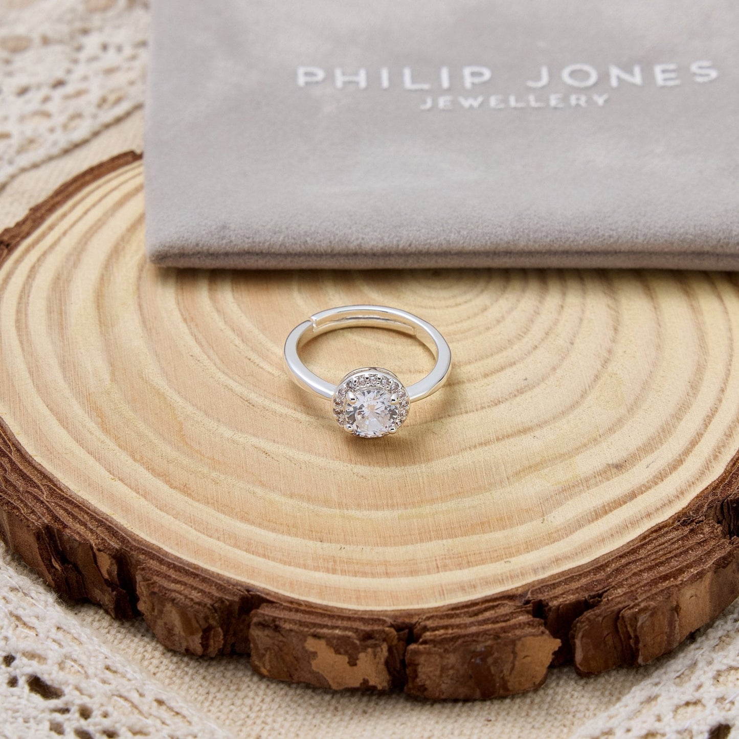 Silver Plated Round Halo Ring Created with Zircondia® Crystals