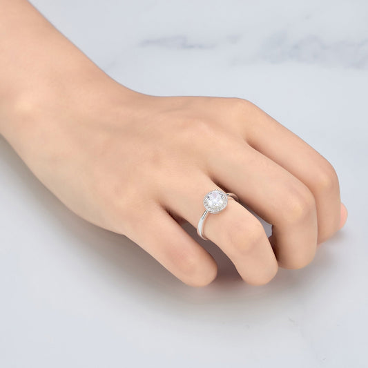 Silver Plated Round Halo Ring Created with Zircondia® Crystals