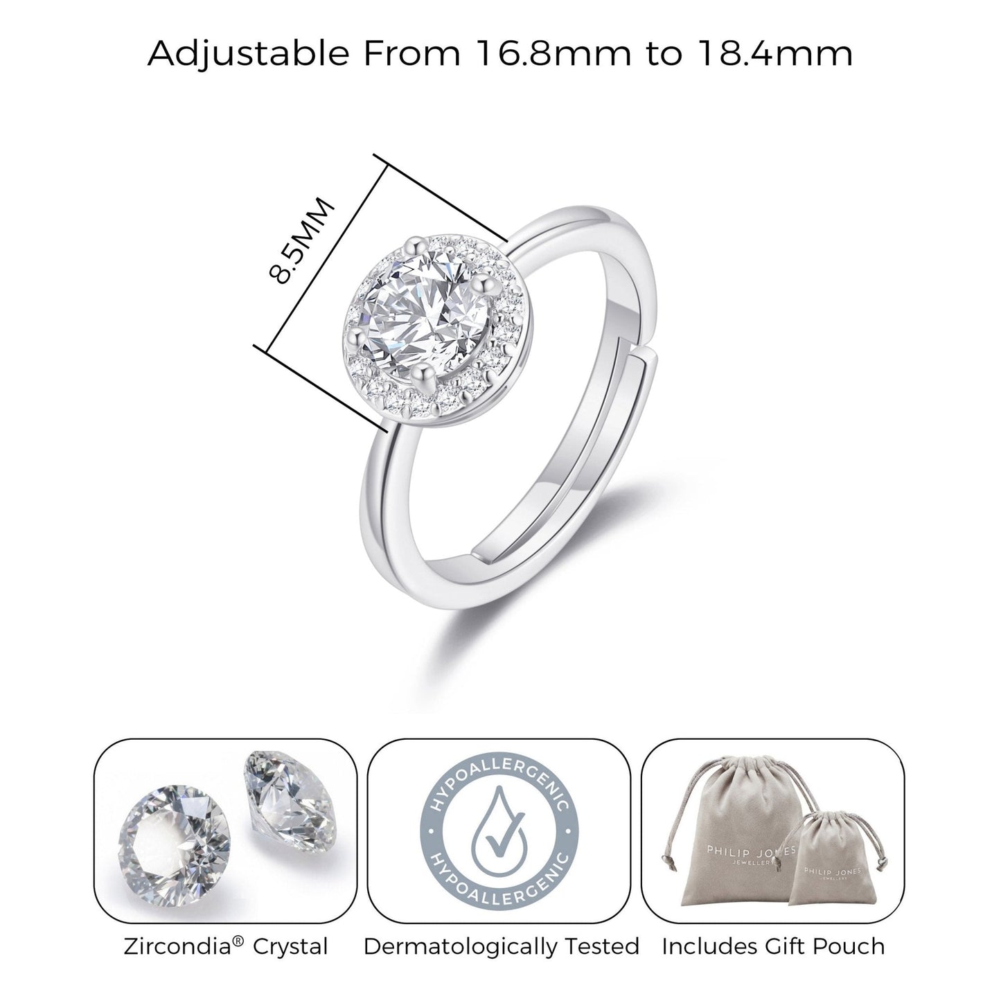 Silver Plated Round Halo Ring Created with Zircondia® Crystals