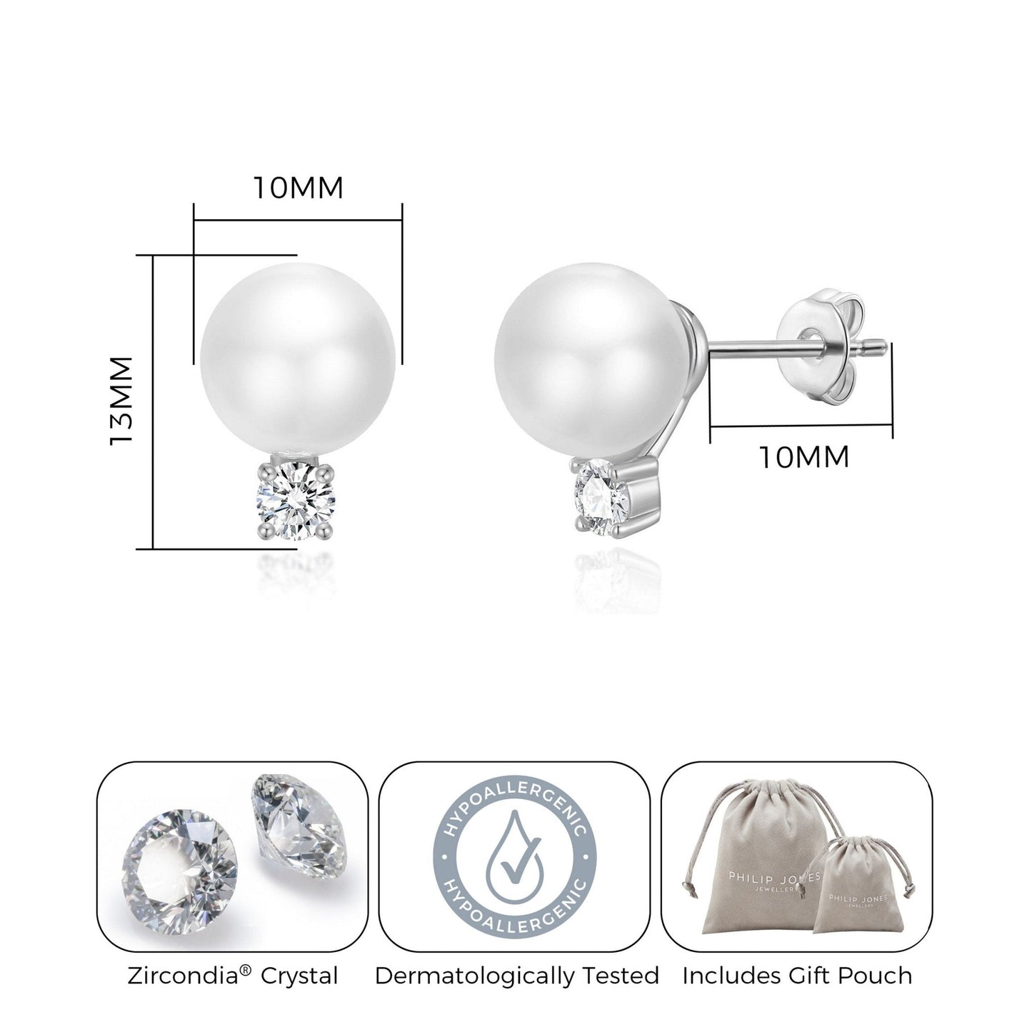 Silver Plated Round Shell Pearl Earrings Created with Zircondia® Crystals