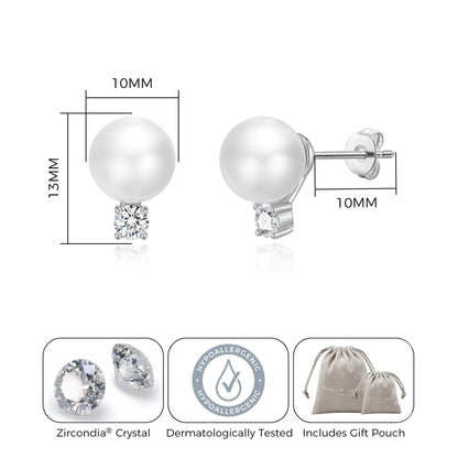 Silver Plated Round Shell Pearl Earrings Created with Zircondia® Crystals