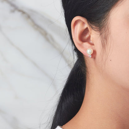 Silver Plated Round Shell Pearl Earrings Created with Zircondia® Crystals