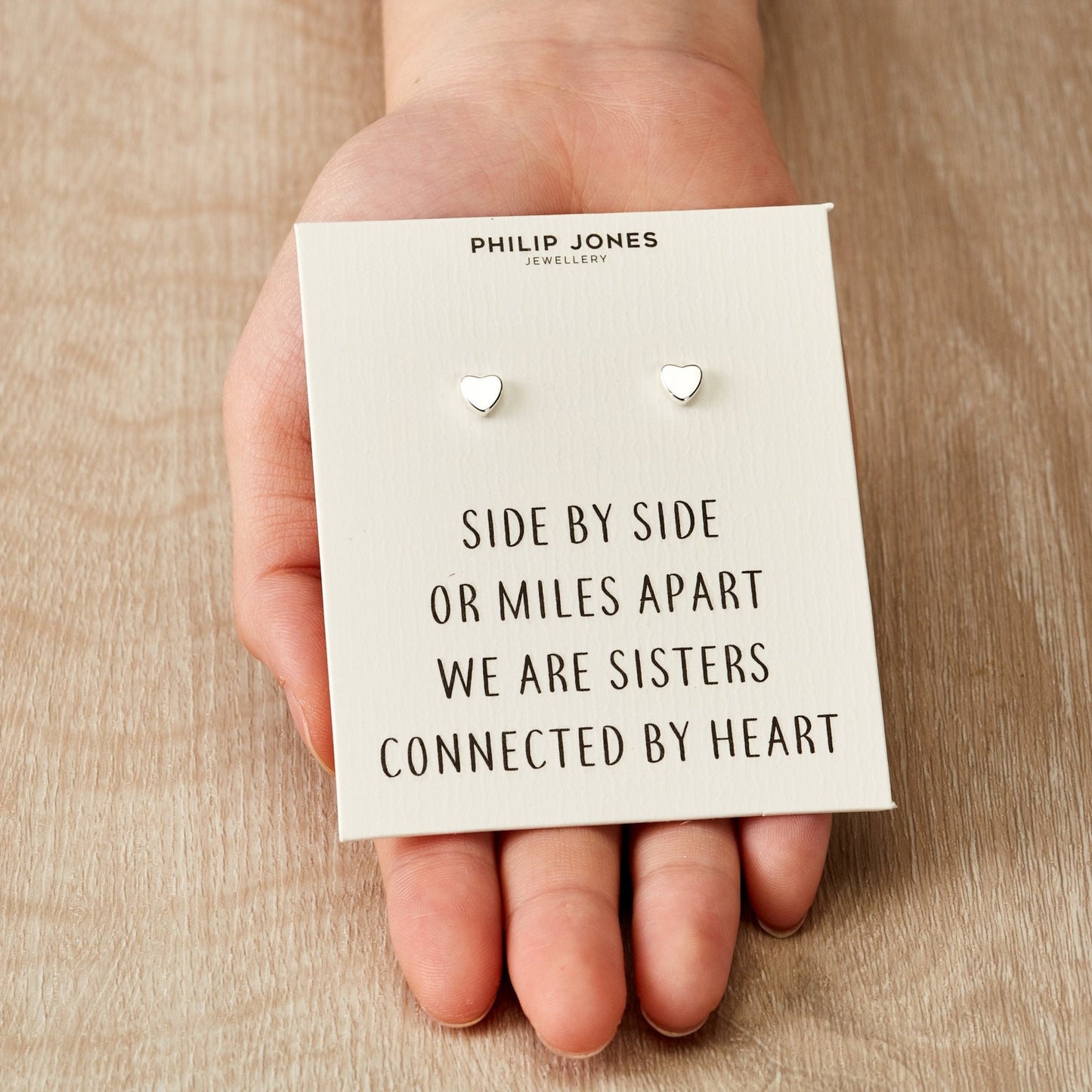 Silver Plated Sister Heart Stud Earrings with Quote Card