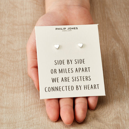 Silver Plated Sister Heart Stud Earrings with Quote Card