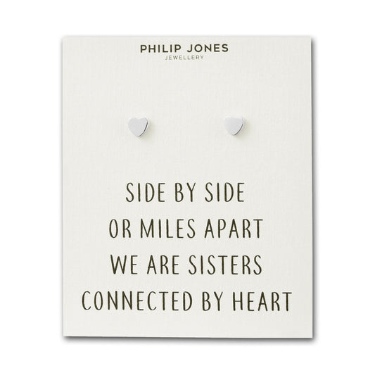 Silver Plated Sister Heart Stud Earrings with Quote Card