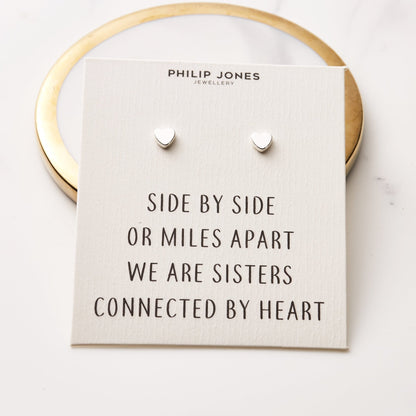 Silver Plated Sister Heart Stud Earrings with Quote Card