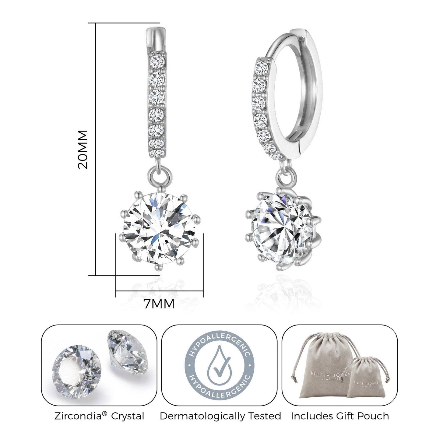 Silver Plated Solitaire Drop Hoop Earrings Created with Zircondia® Crystals