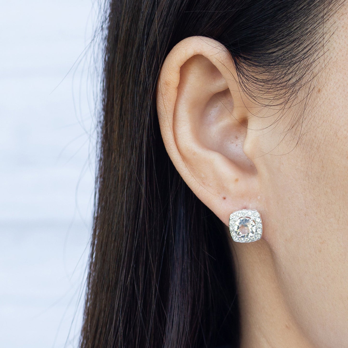 Silver Plated Square Halo Earrings Created with Zircondia® Crystals