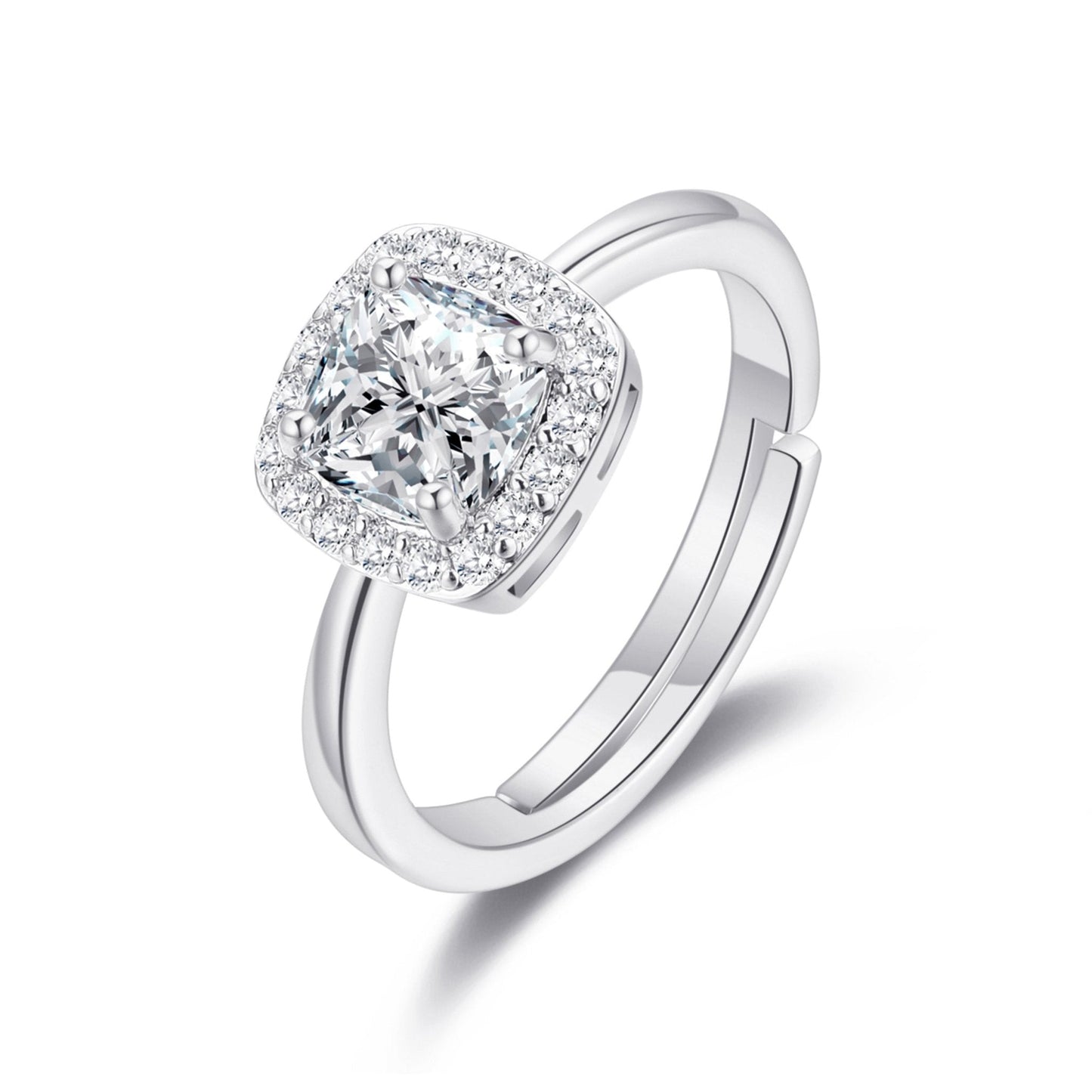 Silver Plated Square Halo Ring Created with Zircondia® Crystals