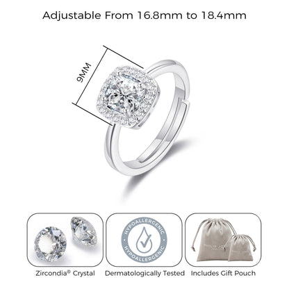 Silver Plated Square Halo Ring Created with Zircondia® Crystals