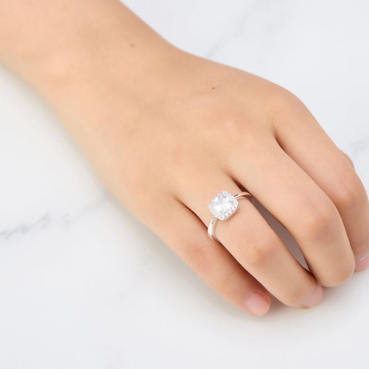 Silver Plated Square Halo Ring Created with Zircondia® Crystals