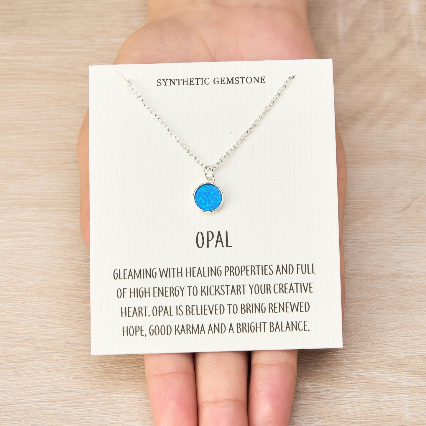 Silver Plated Synthetic Blue Opal Necklace with Quote Card