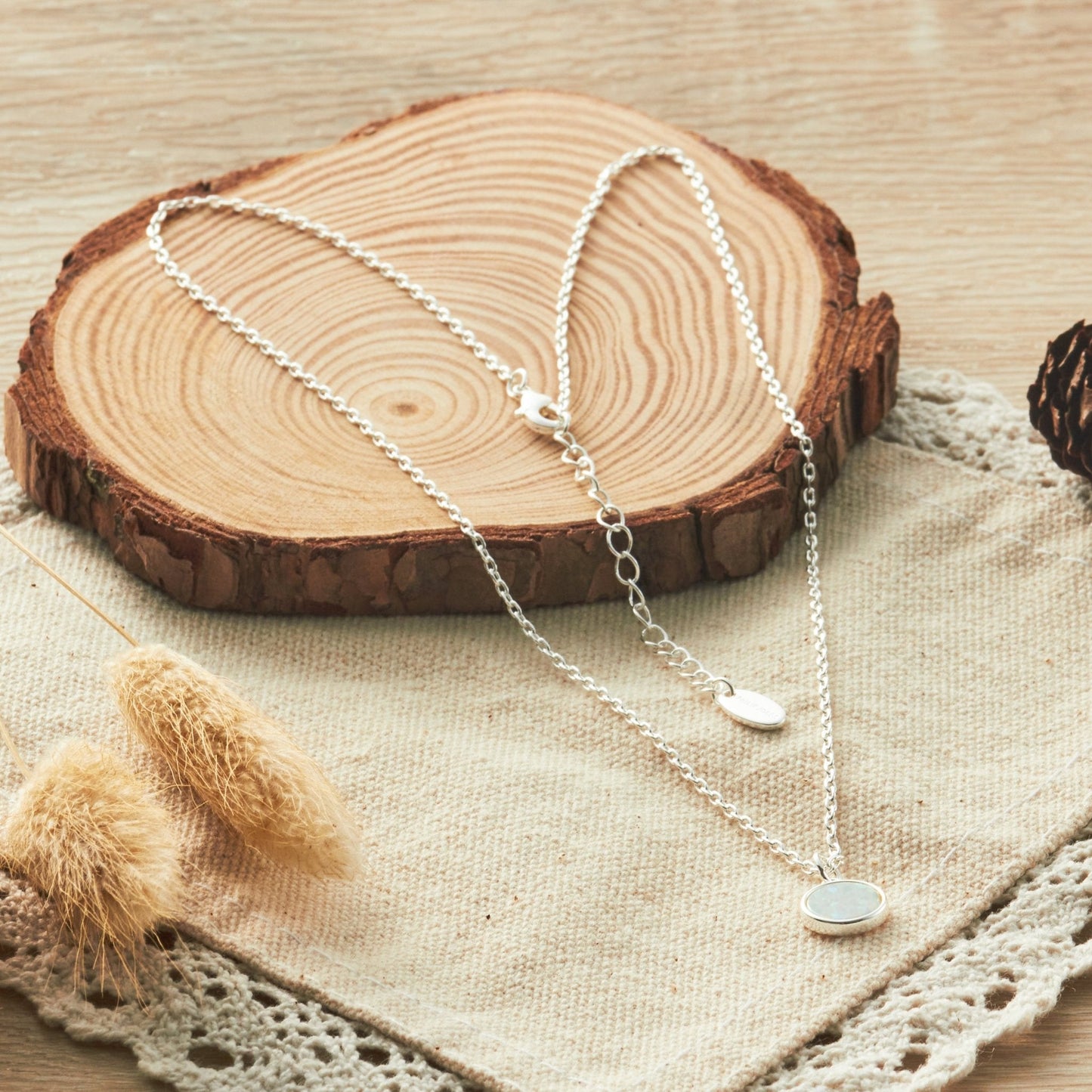 Silver Plated Synthetic White Opal Necklace with Quote Card