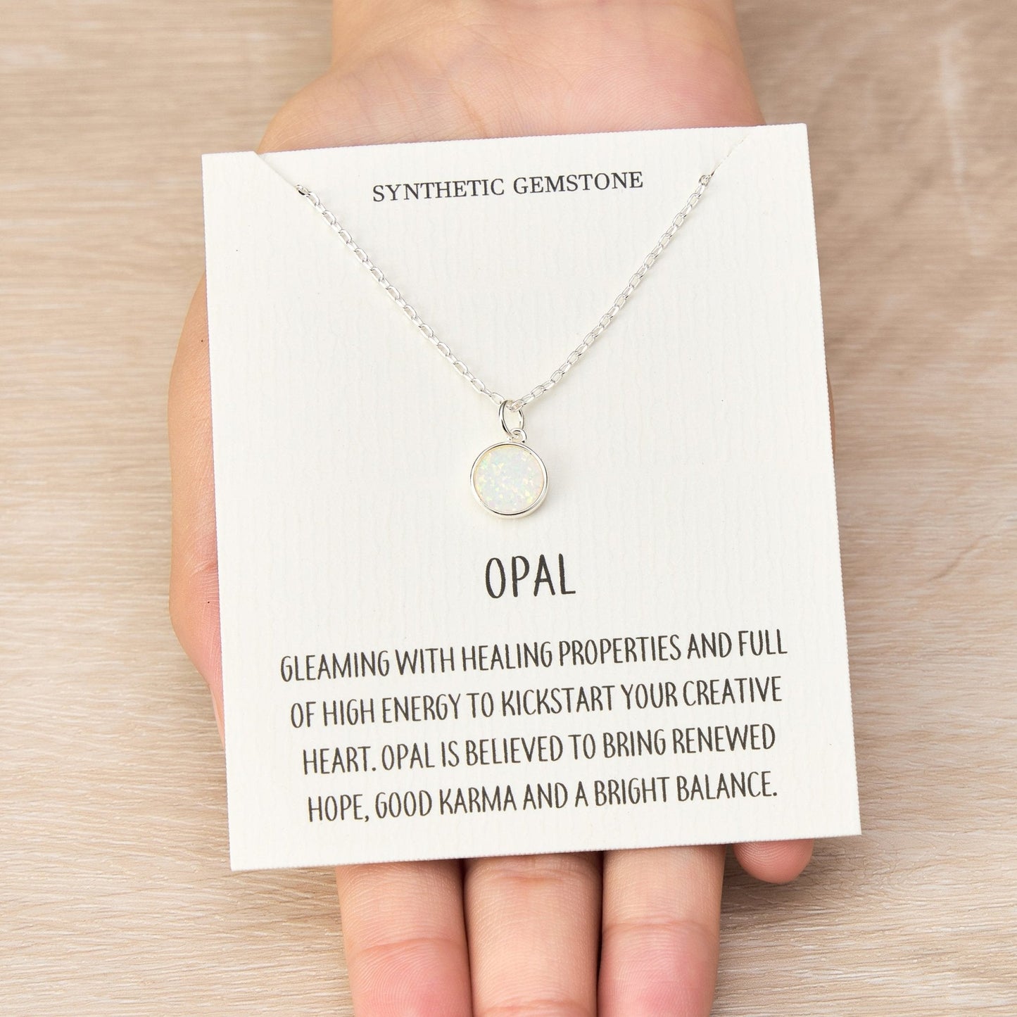 Silver Plated Synthetic White Opal Necklace with Quote Card