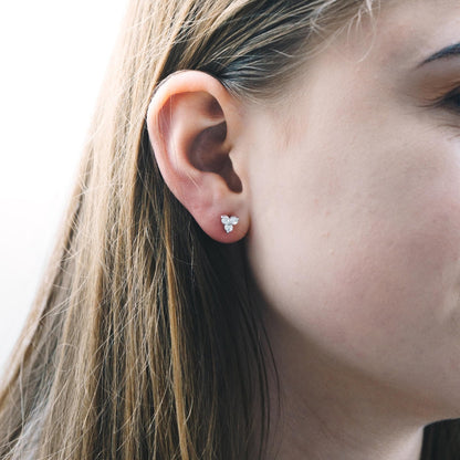 Silver Plated Three Stone Earrings Created with Zircondia® Crystals