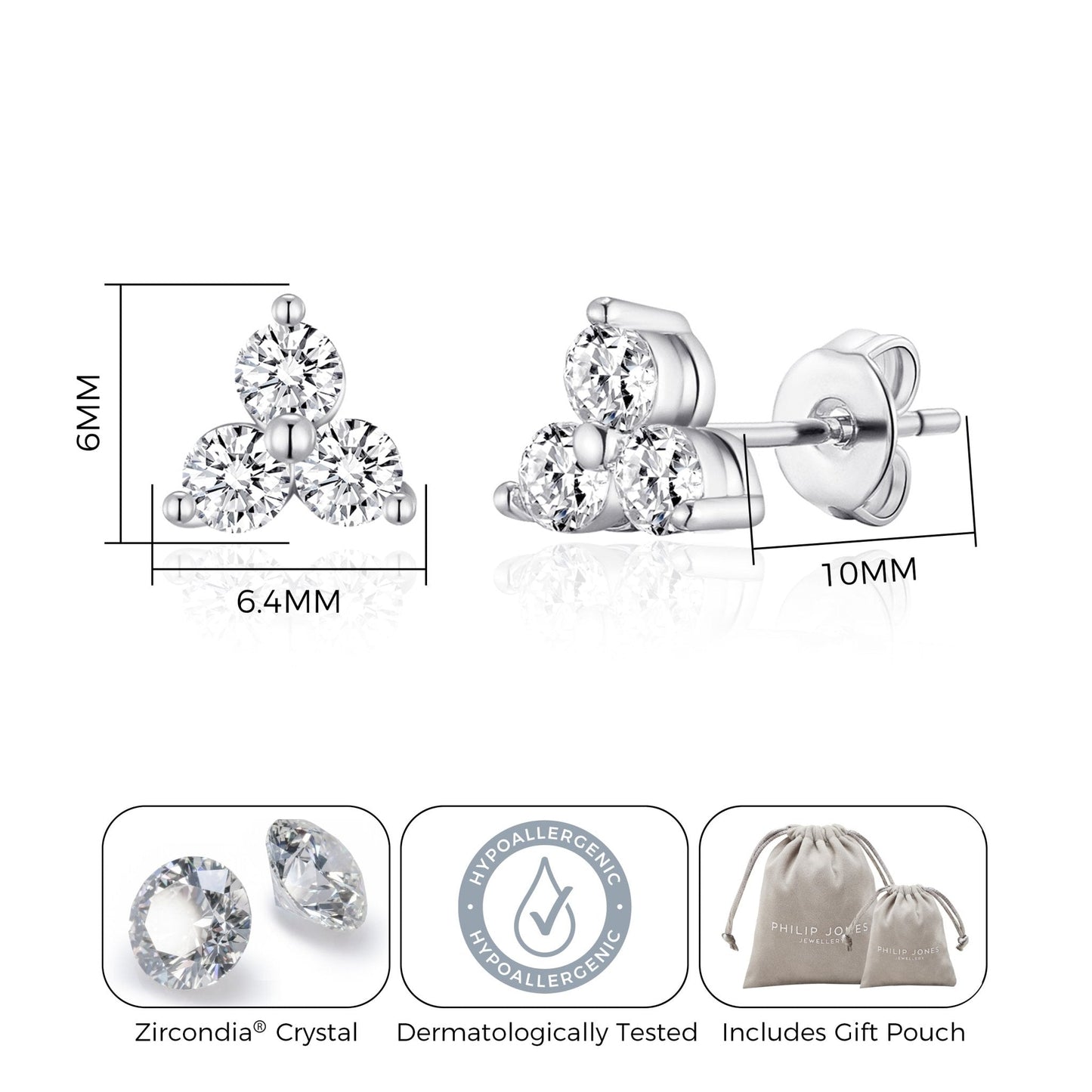 Silver Plated Three Stone Earrings Created with Zircondia® Crystals